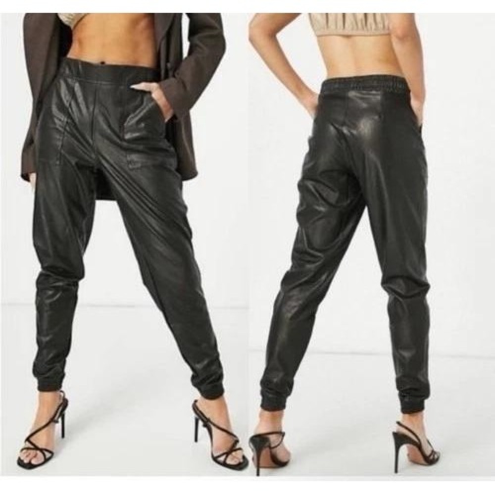 SPANX Black Faux Leather Jogger Pantsβ Elastic Waist Pockets Ankle Cuffs S P